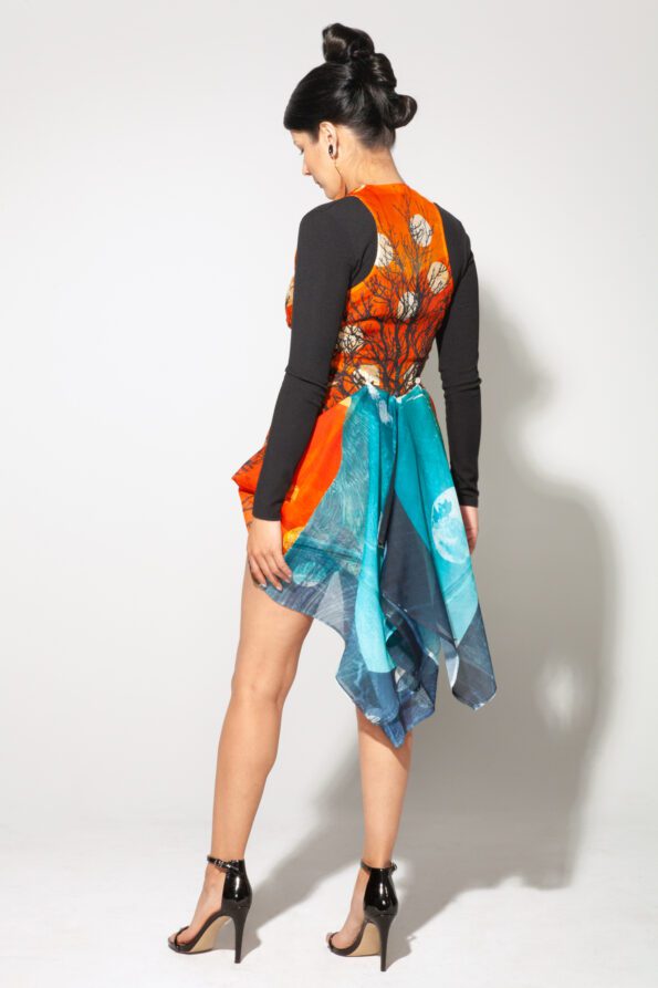 Tree Bustle Dress Cedar, coal and jade bustled side