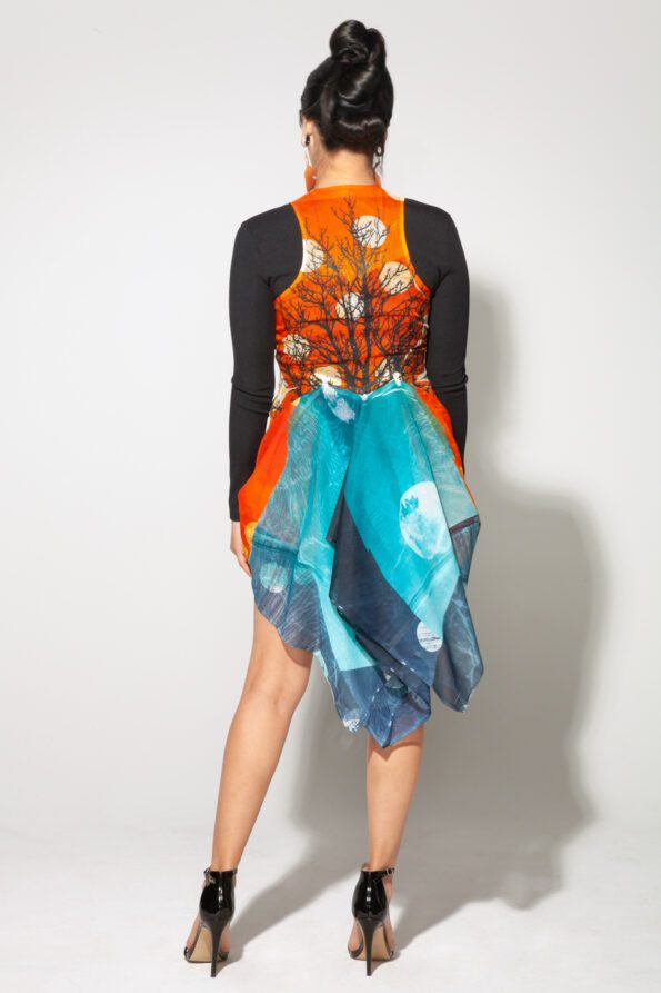 Tree Bustle Dress cedar, coal and jade bustled back