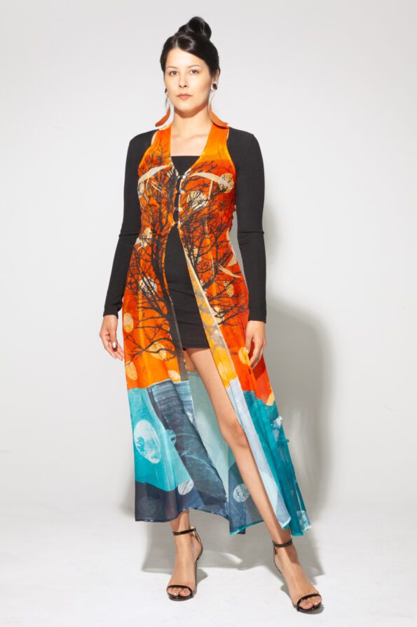 Tree Bustle Dress cedar, coal and jade front
